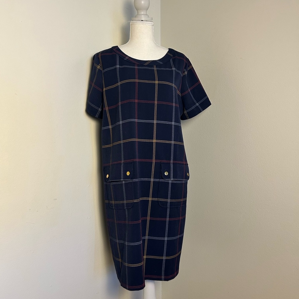 J.Crew Navy Plaid Shift Dress Size 12 Short Sleeve Back Zip